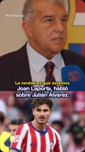 Joan Laporta en conferencia de prensa hablando sobre el interés en Julián Álvarez