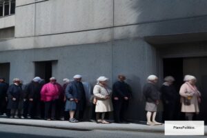 Edificio de ANSES y jubilados argentinos cobrando haberes