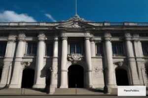 Edificio del Congreso de la Nación Argentina con banderas nacionales