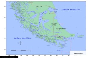 Mapa del extremo sur de Argentina incluyendo Estrecho de Magallanes y Pasaje de Drake