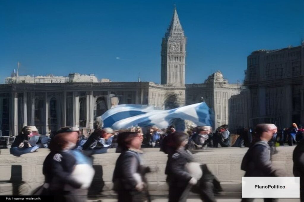 Banderas de La Libertad Avanza y PRO en contexto político argentino