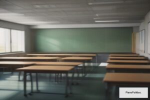 Estudiantes en aula escolar con útiles y materiales educativos sobre bancos
