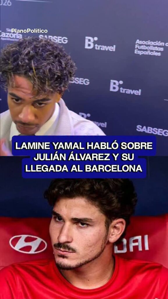 Lamine Yamal durante una conferencia de prensa o entrevista hablando sobre Julián Álvarez
