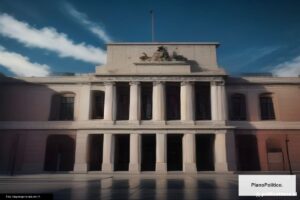 Escena simbólica de edificio de congreso con banderas nacionales