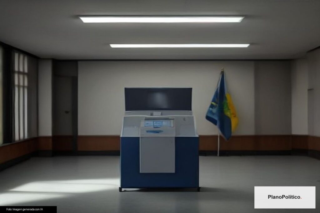 Urna electrónica brasileña y banderas de Brasil en centro de votación