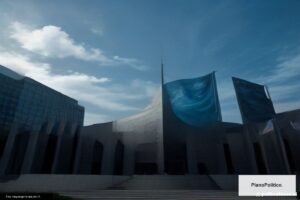 Edificio de Naciones Unidas con banderas internacionales