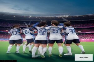 Jugadores de Los Leones celebrando medalla de bronce en hockey