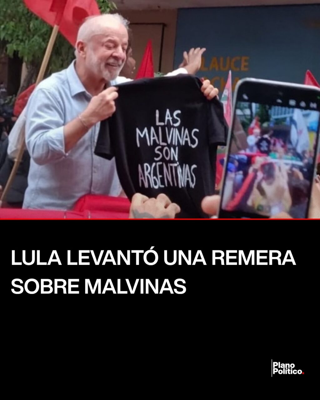 Presidente brasileño Lula exhibiendo remera con consigna sobre Malvinas durante acto público en Río de Janeiro